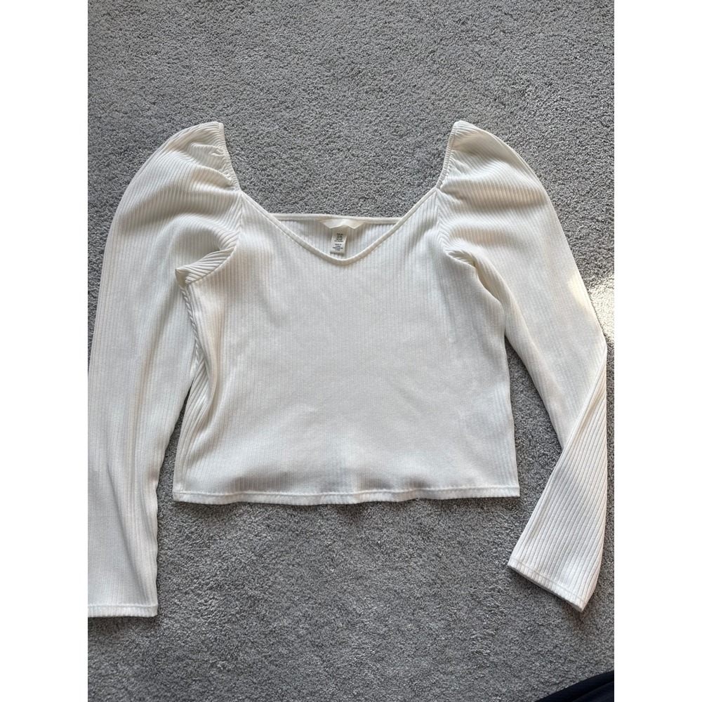 H&M Womens XXL White Ribbed V-Neck Puff Shoulder Long Sleeve Top
